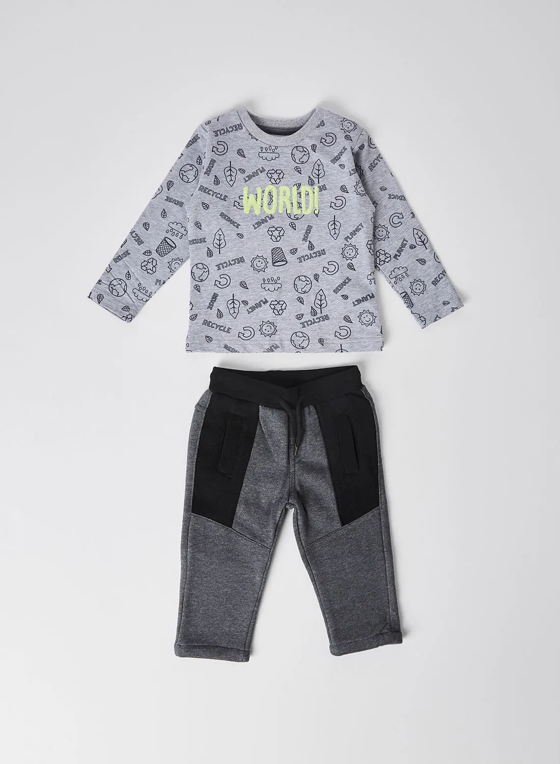 Babybol World Print Round Neck T-Shirt And Pant Set Grey/Black