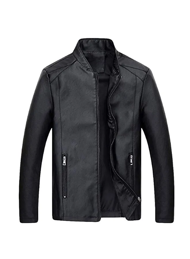 Generic PU Leather Stand Collar Zipper Jacket Black