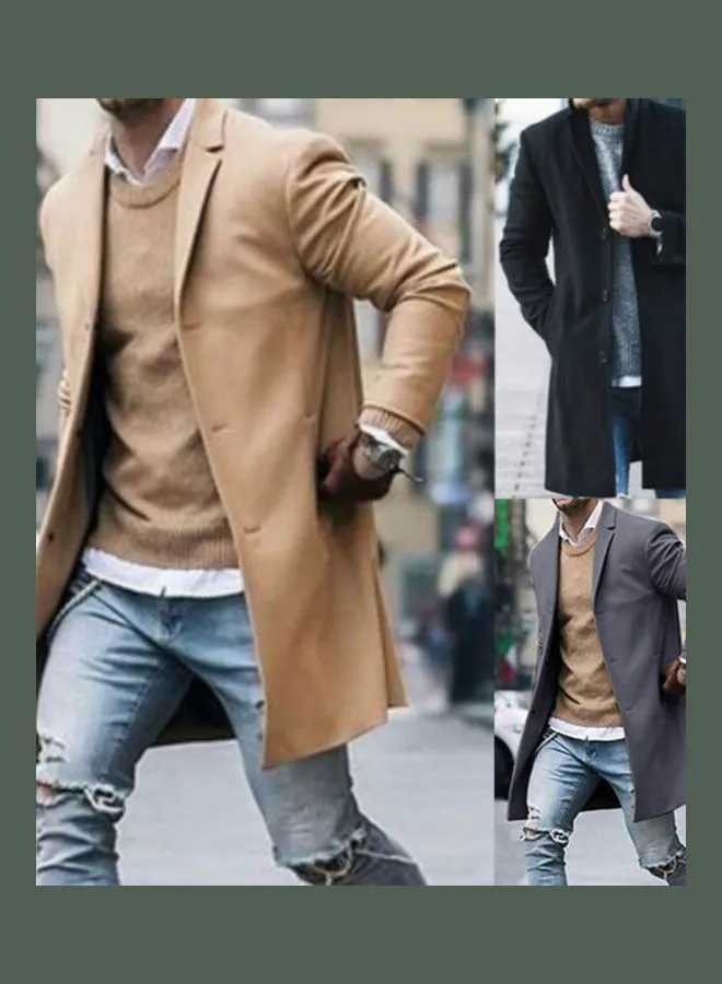 Generic Fashion Men Winter Solid Colour Trench Coat Outwear Overcoat Long Sleeve Jacket Khaki