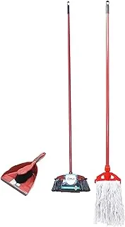 CEPILLO Long Handle Cleaning Broom brush + Dustpan with portable hand broom + Floor Cleaning Wet Mop Red/White, combo SET OF 3…