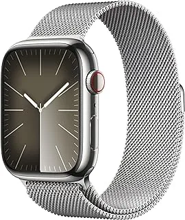 ساعة Apple Watch Series 9 الجديدة [GPS + Cellular 41mm] ساعة ذكية مع هيكل فضي من الفولاذ المقاوم للصدأ مع حلقة ميلانو فضية مقاس واحد. جهاز تتبع اللياقة البدنية، تطبيقات قياس أكسجين الدم وتخطيط القلب، مقاوم للماء