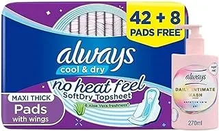 Always Savings Bundle (Always Cool & Dry, Large Sanitary Pads With Wings, 50 Pad Count + Always Daily Intimate Wash, Gel, Sensitive Care, 270 ml)