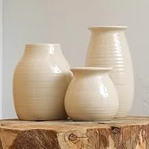 White Vases for Decor - Rustic Home Decor, Modern Farmhouse Decorations - Ceramic Vase for Fireplace Decor - Vases for Flowers, Rustic Decor for Living Room - Farmhouse Decor for The Home, Set of 3