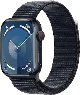 Apple Watch Series 9 [GPS + Cellular 45mm] ساعة ذكية مع هيكل ألومنيوم منتصف الليل مع حلقة رياضية منتصف الليل مقاس واحد. جهاز تتبع اللياقة البدنية، وتطبيقات الأكسجين في الدم وتخطيط القلب، وشاشة شبكية العين التي تعمل دائمًا، ومقاومة للماء