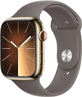 Apple Watch Series 9 [GPS + Cellular 41mm] ساعة ذكية مع هيكل ذهبي من الفولاذ المقاوم للصدأ وحزام رياضي ذهبي M/L. جهاز تتبع اللياقة البدنية، وتطبيقات الأكسجين في الدم وتخطيط القلب، وشاشة شبكية العين التي تعمل دائمًا، ومقاومة للماء