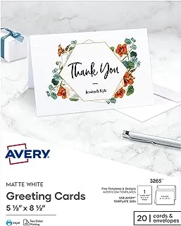 بطاقات تهنئة قابلة للطباعة من Avery، نصف مطوية، 5.5 بوصة × 8.5 بوصة، أبيض غير لامع، 20 بطاقة فارغة مع مغلفات (3265)