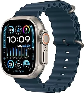 ساعة Apple Watch Ultra 2 [نظام تحديد المواقع + شبكة خلوية 49 مم] ساعة ذكية مع هيكل متين من التيتانيوم وحزام محيطي أزرق مقاس واحد. جهاز تعقب اللياقة البدنية، نظام تحديد المواقع العالمي (GPS) الدقيق، زر الإجراء، عمر بطارية طويل جدًا، شاشة شبكية العين الساطعة