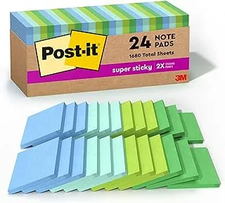 Post-it Super Sticky Recycled Notes, 3x3 in, 24 Pads, 2x the Sticking Power, Poptimistic, Bright Colors, 30% Recycled Paper (654-24SST-CP)