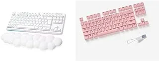 لوحة مفاتيح الألعاب الميكانيكية اللاسلكية Logitech G G715 مع إضاءة LIGHTSYNC RGB وسرعة الضوء ومفاتيح اللمس (GX Brown) ومسند راحة اليد للوحة المفاتيح، متوافق مع أجهزة الكمبيوتر الشخصية وأجهزة Mac - ضباب أبيض + أغطية مفاتيح - Pink Dawn