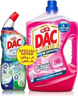 Dac Gold Multi-Purpose Disinfectant & Liquid Cleaner, with 3X thicker formula (kills 99.9% of germs), Rose, 3L + Dac Toilet Cleaner, With Self Active Cleaning Foam for 100% Shine, Pine, 750ML