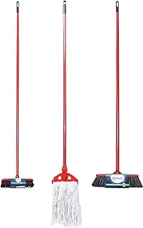 CEPILLO Long Handle Cleaning Broom brush 2 SET + Floor Cleaning Wet Mop Red/White, Combo SET OF 3