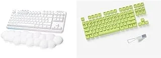 لوحة مفاتيح الألعاب الميكانيكية اللاسلكية Logitech G G715 مع إضاءة LIGHTSYNC RGB وسرعة الضوء ومفاتيح اللمس (GX Brown) ومسند راحة اليد للوحة المفاتيح، متوافق مع أجهزة الكمبيوتر الشخصية وأجهزة Mac - ضباب أبيض + أغطية مفاتيح - فلاش أخضر
