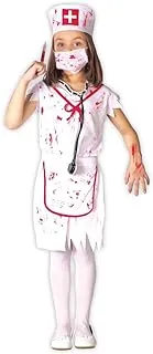 Kids Zombie Nurse Costume, Size 7-9 Years. Costume includes: Headpiece, mask, dress, apron