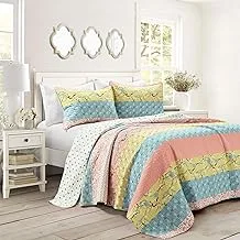 Lush Decor, Blue and Coral Royal Empire Quilt Striped Pattern Reversible 3 Piece Bedding Set, Full Queen