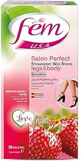 FEM USA Body Wax Strips | Enriched With Strawberry | For Normal Skin - 20 strips With Post-Wax Skin Wipes