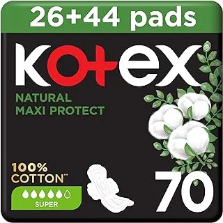 Kotex Natural Maxi Protect Thick Pads, 100% Cotton Pad, Super Size with Wings, 70 Sanitary Pads