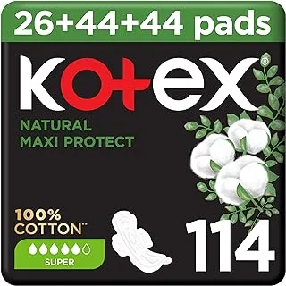 Kotex Natural Maxi Protect Thick Pads, 100% Cotton Pad, Super Size with Wings, 114 Sanitary Pads