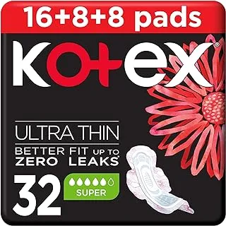 Kotex Ultra Thin Pads, Super Size Sanitary Pads with Wings, 32 Sanitary Pads