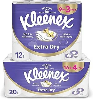 Kleenex Extra Dry Toilet Tissue Paper, 3 PLY, 32 Rolls x 160 Sheets, Embossed Bathroom Tissue with Superior Absorbency