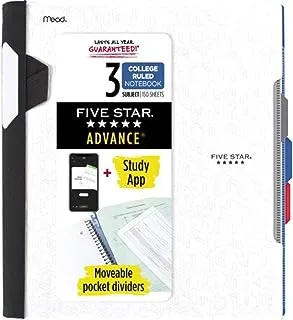 تطبيق Five Star Advance Spiral Notebook Plus للدراسة، 3 موضوعات، ورق مسطر للكلية، 11 بوصة × 8-1/2 بوصة، 150 ورقة، مع واقي حلزوني وفواصل متحركة، أبيض، عدد واحد (73142)