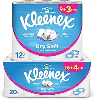 Kleenex Dry Soft Toilet Tissue Paper, 2 PLY, 32 Rolls x 200 Sheets, Embossed Bathroom Tissue with a Touch Of Cotton