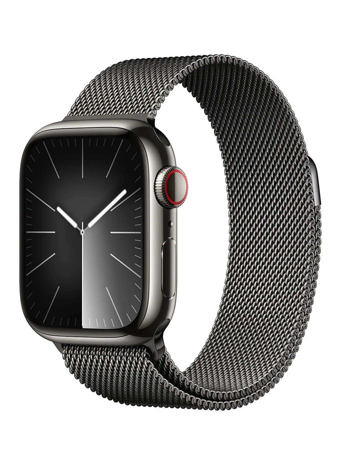 Apple Watch Series 9 GPS + هيكل من الفولاذ المقاوم للصدأ مقاس 45 ملم مزود بشبكة خلوية مع حلقة ميلانيزية من الجرافيت