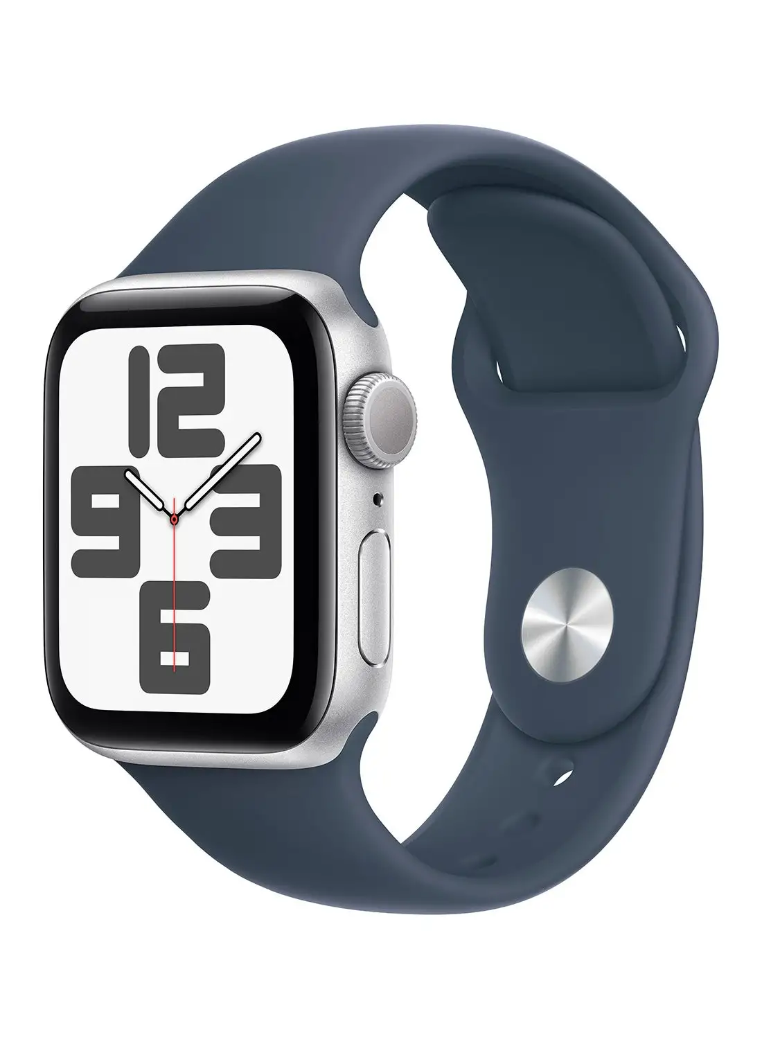 Apple Watch SE (2023) GPS مقاس 40 ملم هيكل من الألومنيوم الفضي مع حزام رياضي باللون الأزرق العاصف
