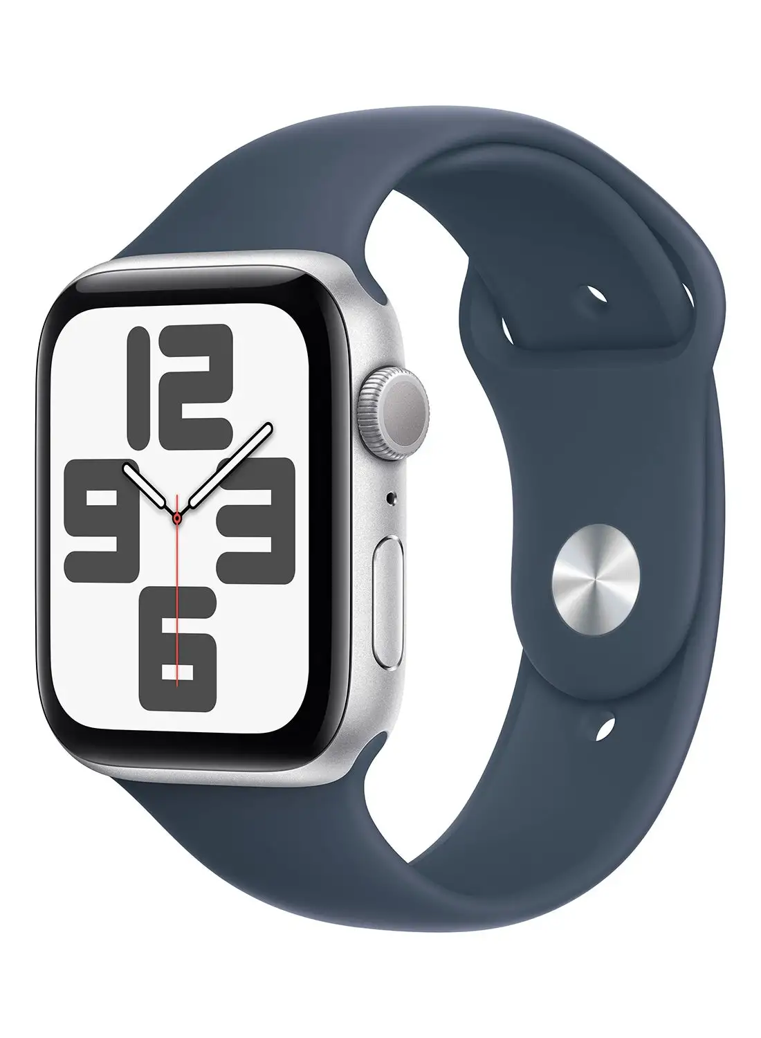 Apple Watch SE (2023) GPS مقاس 44 ملم هيكل من الألومنيوم الفضي مع حزام رياضي باللون الأزرق العاصف