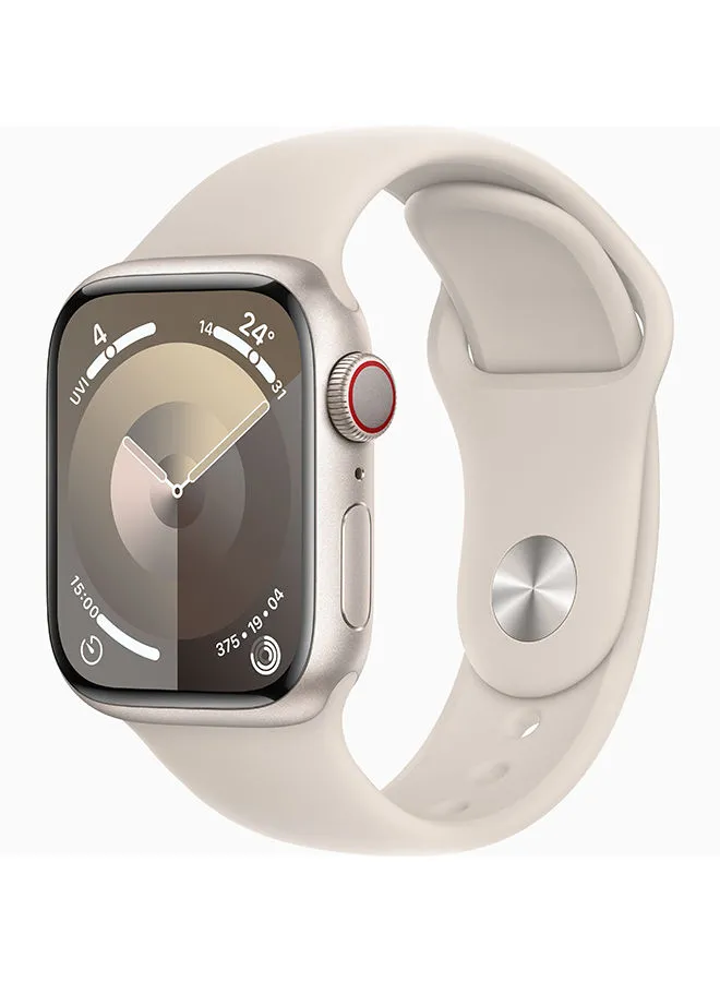 Apple Watch Series 9 GPS + هيكل من الألومنيوم بقياس 41 ملم مزود بتقنية Starlight وحزام رياضي Starlight