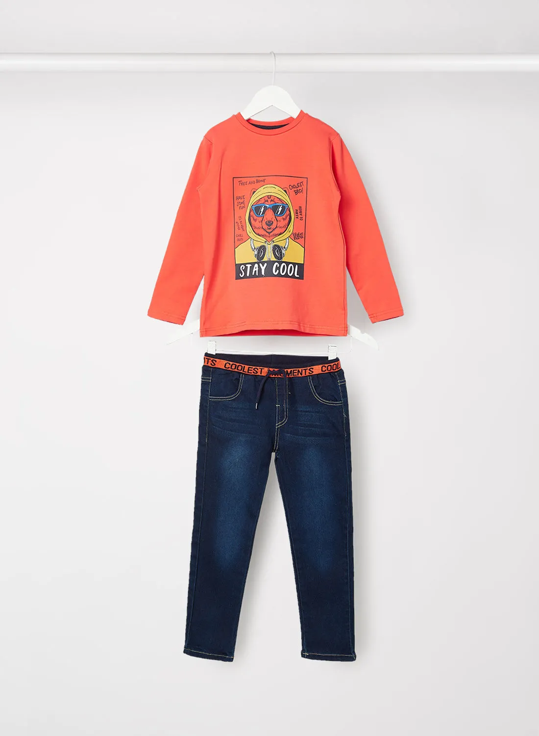 Babybol Babybol / Kids Graphic T-Shirt and Jeans Set برتقالي / أزرق