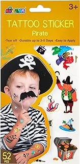 Avenir Tattoo Sticker - Pirate | 52pc Set of Temporary Tattoos - High-Quality Water-Based Ink - Safe and Easy to Apply and Remove - Lasts 3-5 Days for Kids 3+