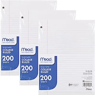 ورق Mead فضفاض، 3 عبوات، ورق دفتر ملاحظات، ورق حشو مسطر بالكلية، قياسي، 8 × 10.5، 200 ورقة في كل عبوة (73185) عبوة من 3 قطع، أبيض