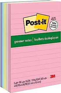 Post-it Greener Notes, 4x6 in, 5 Pads, America's #1 Favorite Sticky Notes, Helsinki Collection, Pastel Colors (Pink, Blue, Mint, Yellow), Clean Removal, 100% Recycled Material (660-RP-A)