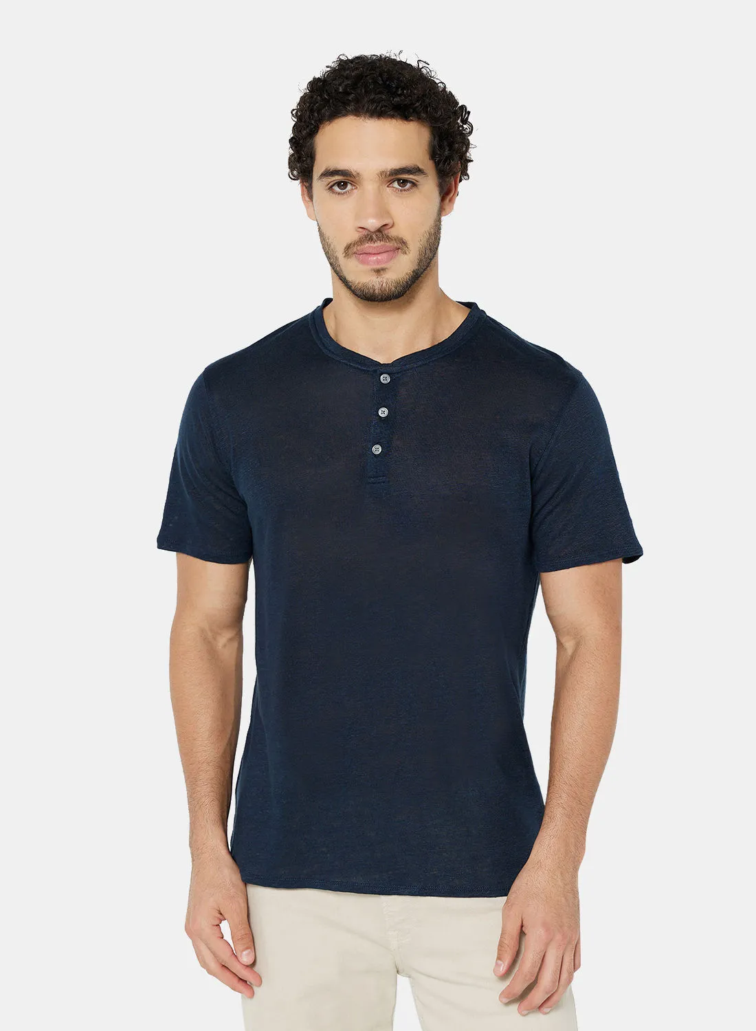 MANGO Solid Henley T-Shirt Navy