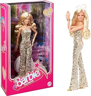 ​Barbie The Movie Doll, Margot Robbie as Barbie, Collectible Doll Wearing Gold Disco Jumpsuit with Glossy Curls and Golden Heels
