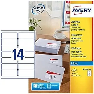 Avery Self Adhesive Address Mailing Labels, Inkjet Printers, 14 Labels Per A4 Sheet, 1400 Quickdry (J8163), White