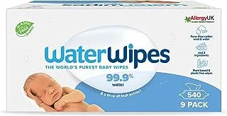 مناديل مبللة للأطفال خالية من البلاستيك من WaterWipes، عدد 540 (9 عبوات)، مناديل مبللة مائية بنسبة 99.9% وغير معطرة للبشرة الحساسة