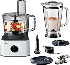 Braun Food Processor 8 in 1, 750W, 2 Speeds, Pulse Function, 2.1L Capacity, 1.8L Blender, Slicing and Grating disc, Dough, Ice Crusher Blade, FP0132WH, White