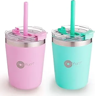 PopYum 9oz Insulated Stainless Steel Kids’ Cups with Lid and Straw, 2-Pack, Green, Pink, stackable, sippy, baby, child, toddler, tumbler, double wall, vacuum, leak proof