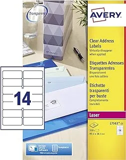 Avery Self Adhesive Clear Address Mailing Labels, Laser Printers, 14 Labels Per A4 Sheet, 350 labels, Quickpeel (L7563)