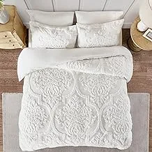Madison Park Tufted Chenille 100% Cotton Duvet- Modern Luxe All Season Comforter Cover Bed Set with Matching Shams, Viola, Damask Off White King/Cal King(104