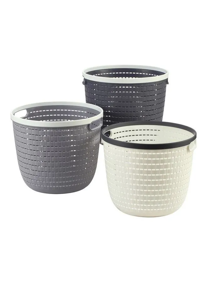 LAWAZIM 3-Piece Elegant Round Storage Basket Set White/Grey 31x31x26.5cm