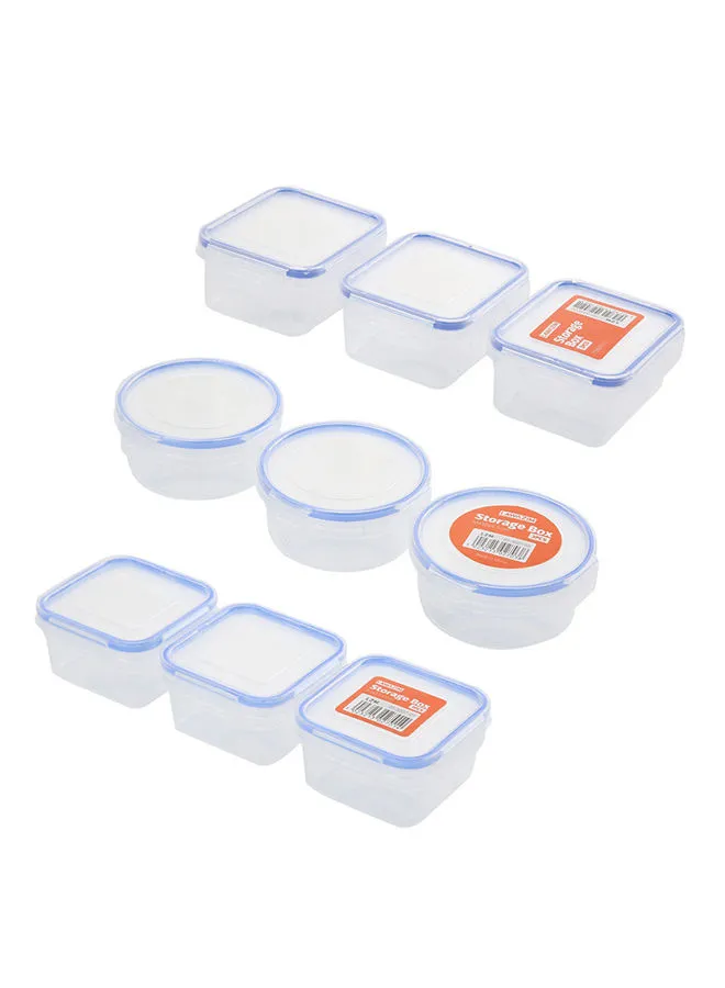 مجموعة صناديق تخزين بلاستيكية محكمة الغلق مكونة من 9 قطع من لووازيم، حاويات مستطيلة شفافة/زرقاء (10x4.5 سم)، حاويات مربعة (10x8x5 سم)، حاويات مستديرة (8.5x8.5x5 سم)