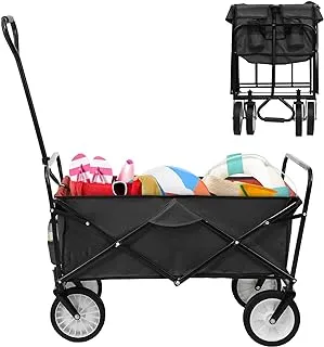 Arlopu Collapsible Folding Wagon Cart, Outdoor Park Utility Garden Wagon with 2 Cup Holders, Heavy Duty Portable Picnic Camping Cart for Shopping, Sport, Beach, Camping, Grocery, 150 LBS (Black)