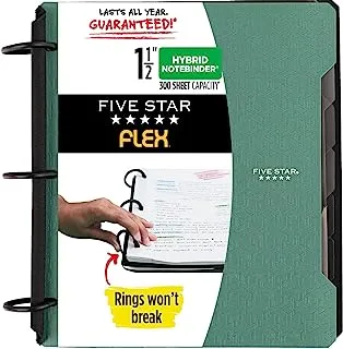 Five Star Flex Refillable Notebook + Study App, College Ruled Paper, 1-1/2 Inch TechLock Rings, Pockets, Tabs and Dividers, 300 Sheet Capacity, Green (29324AQ8)