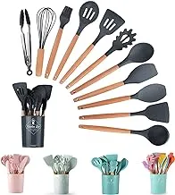 ECVV Silicone Cooking Kitchen 12PCS Wooden Utensils Tool for Nonstick Cookware,Cooking Utensils Set with Bamboo Wood Handles for Nonstick Cookware，Non Toxic Turner Tongs Spatula Spoon Set (GREY)