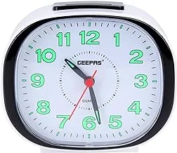 Geepas GWC26018 Bell Alarm Clock with Silent Non-Ticking, White/Black