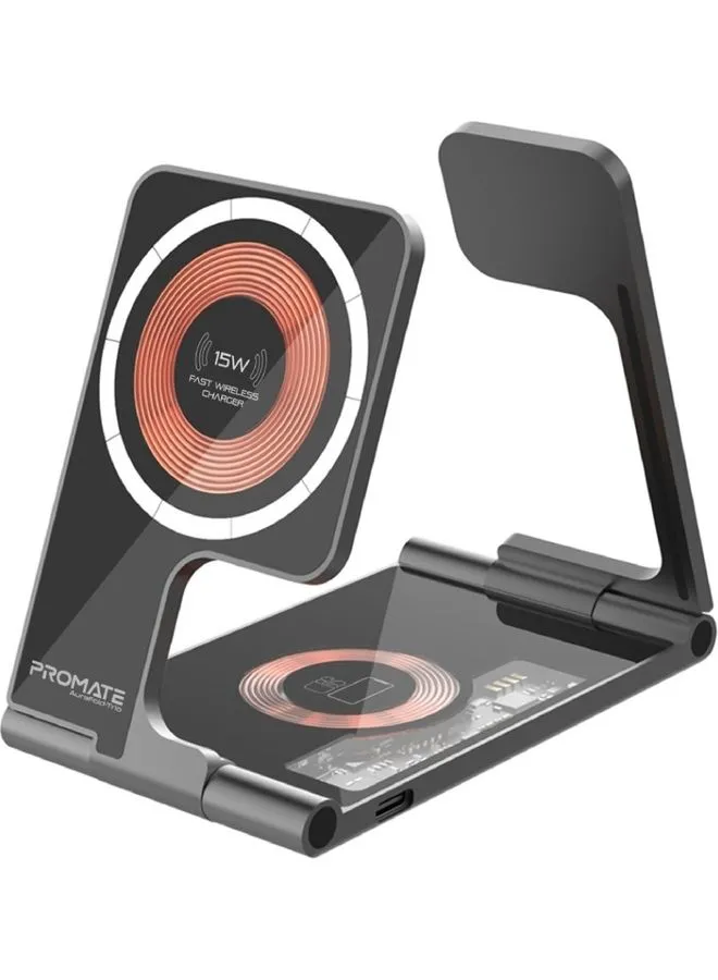 PROMATE 3-In-1 Ultra-Slim Foldable Structure Wireless Charger Transparent MagSafe 15W Charging Station Black
