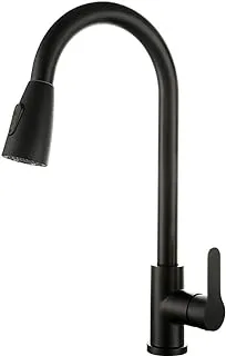 Konig U-Shaped Matt Black Kitchen Faucet with 140-Degree Spout, Pullout Hose, Sturdy Handle, and Connecting Hoses