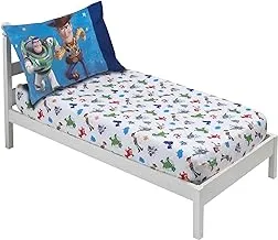 Disney Toy Story 4 - Blue, Green, Red & White 2 Pack Toddler Fitted Crib Sheet & Standard Size Pillowcase Set, Blue, Green, Red, White
